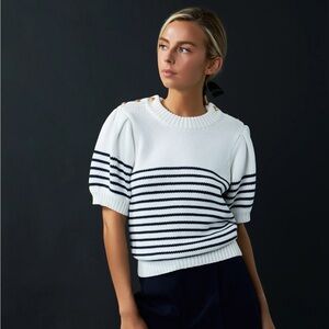 English Factory Preppy Nautical Stripe Puff Sleeve Gold Buttons Sweater S